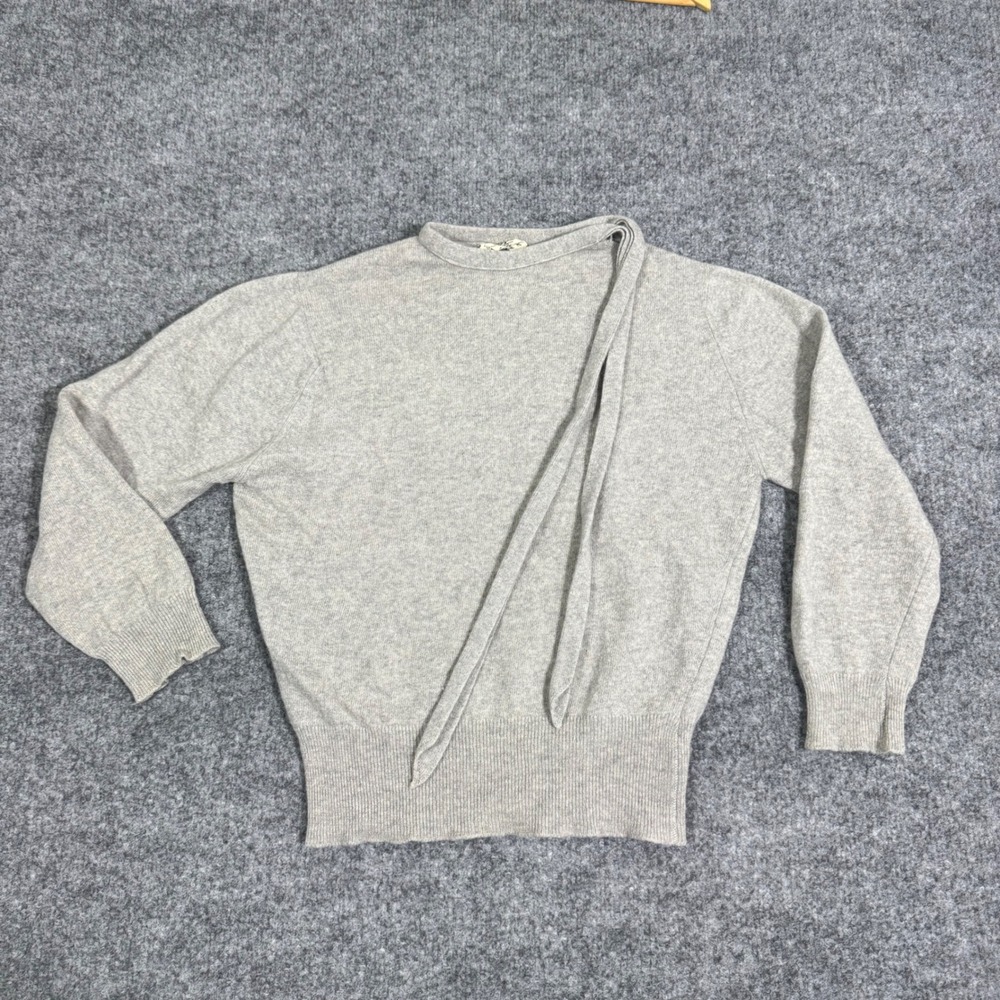 Vintage 100% Cashmere Tie Neck Sweater Womens M Gray Luxury Soft Classic EUC